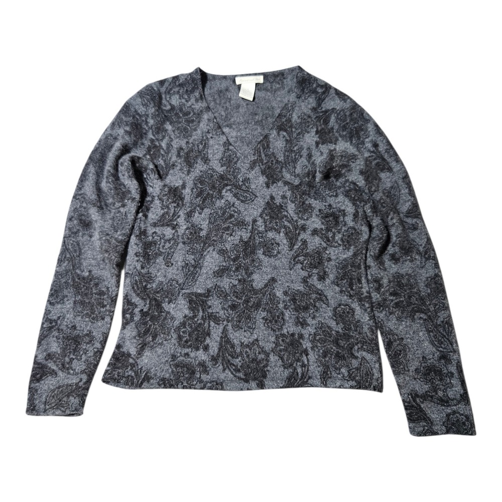 Deane & White Size S Lambswool Angora Blend Sweater Grey Paisley V-Neck Pullover